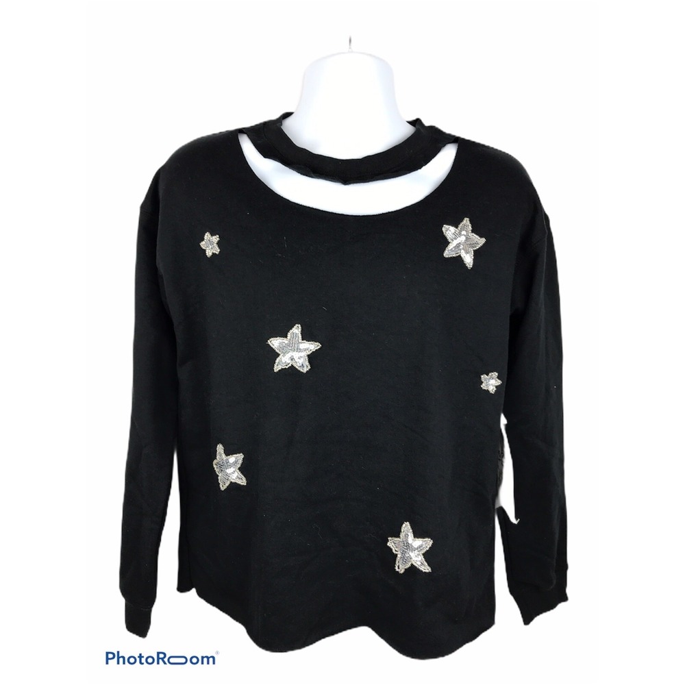 NWT‎ Crave Fame Womens XS Black Star Pattern Cut Neck Long Sleeve Shirt